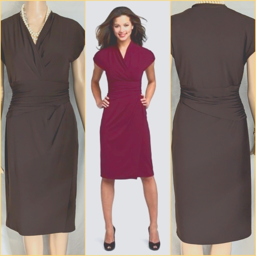 Suzi Chin Maggie Boutique brown ruched faux wrap v neck career dress sz 6